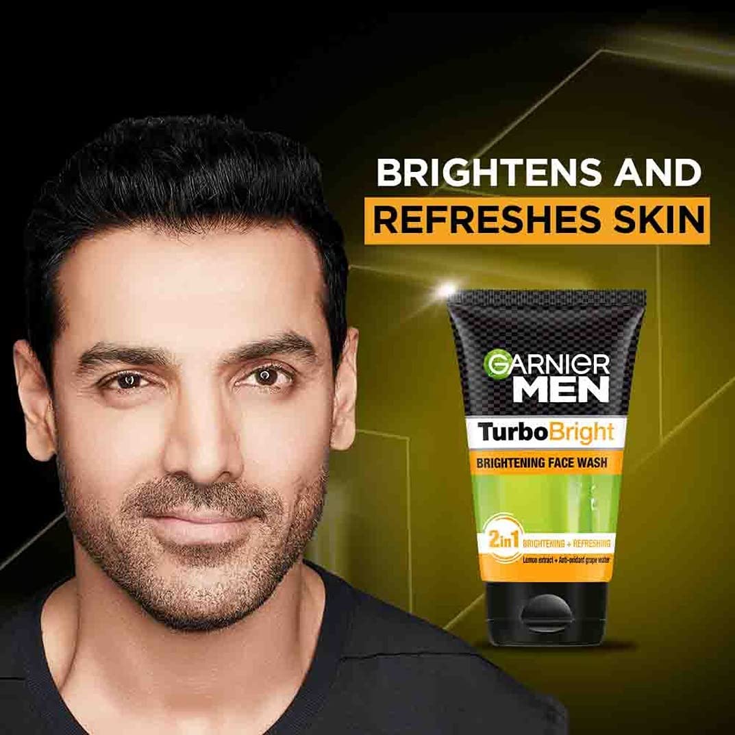Garnier Men TurboBright - avant-après-nettoyage illustre un teint plus lumineux après utilisation.