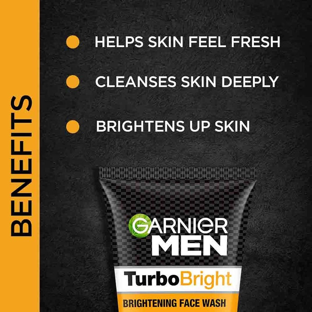 Garnier Men TurboBright - brillance naturelle révélée par le nettoyage pour un look frais.