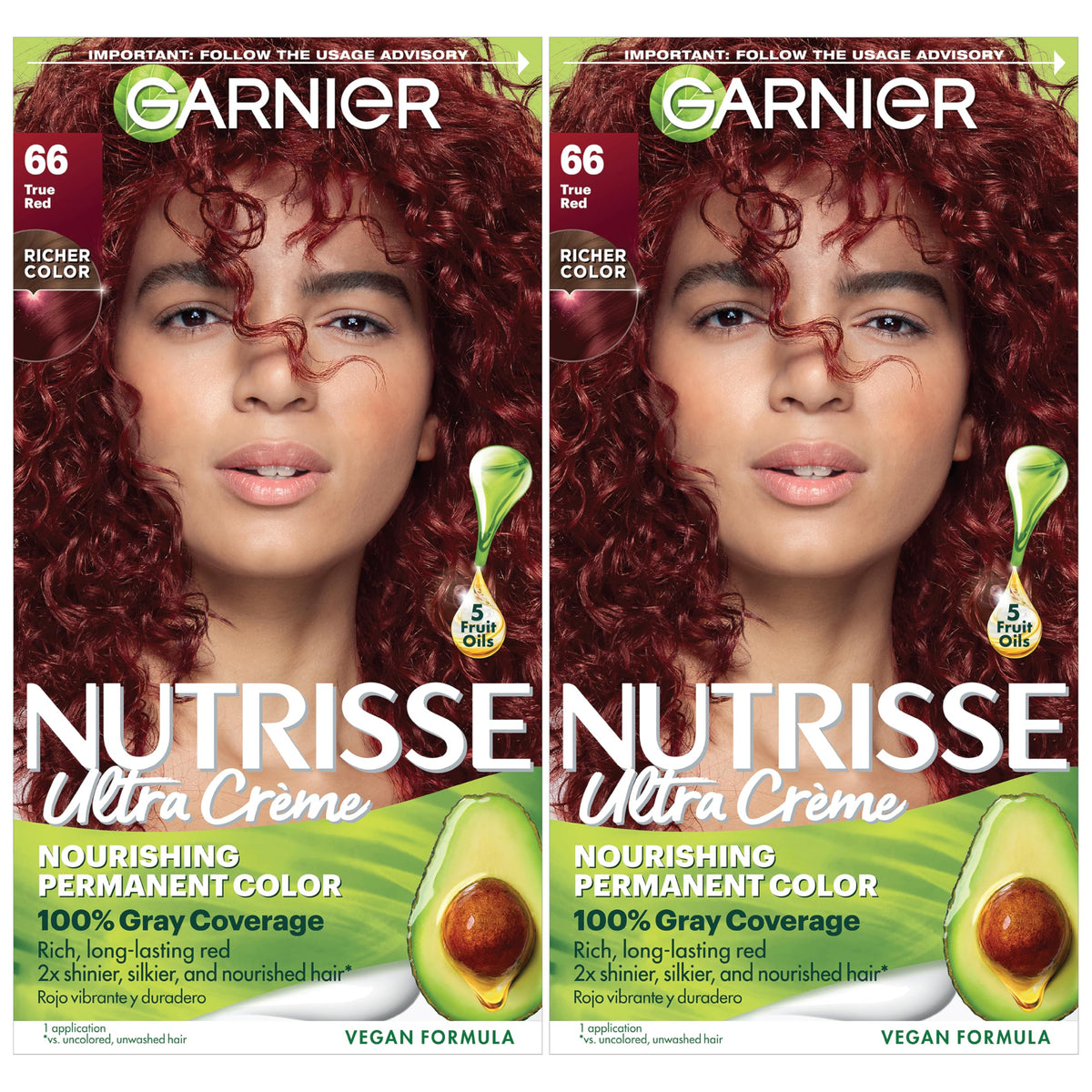 Garnier Nutrisse, bouteille teinte rouge vrai, couleur durable et nourrissante.