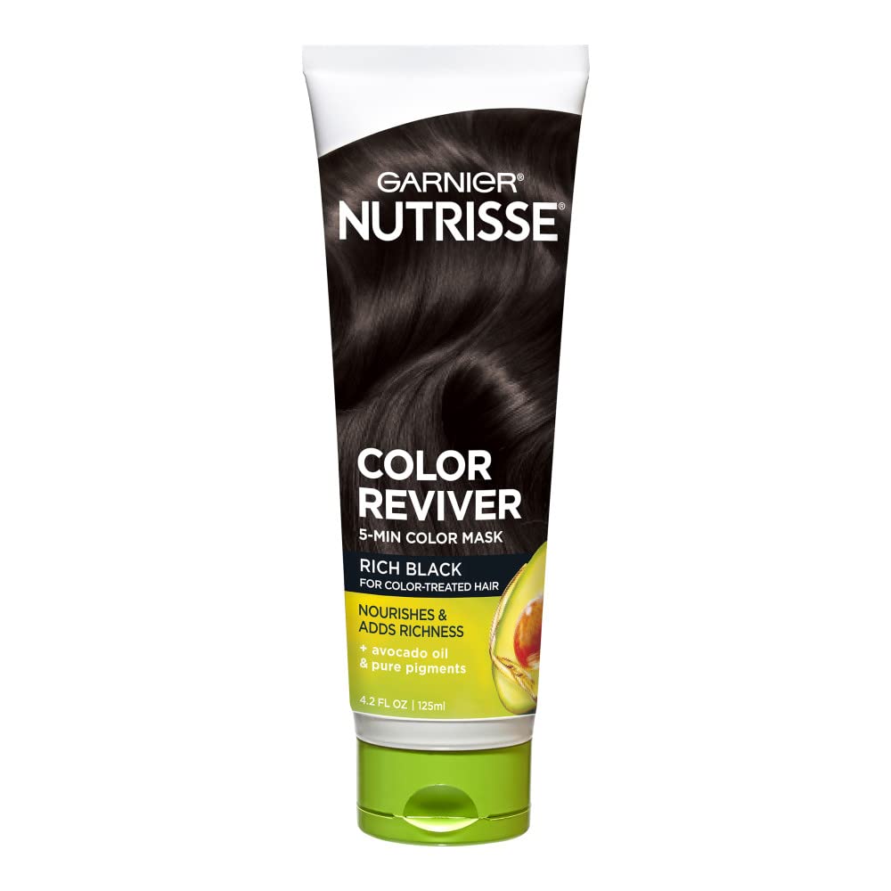 Garnier Nutrisse Renovateur de couleur, masque nourrissant noir riche, rafraîchit la teinte en 5 minutes.