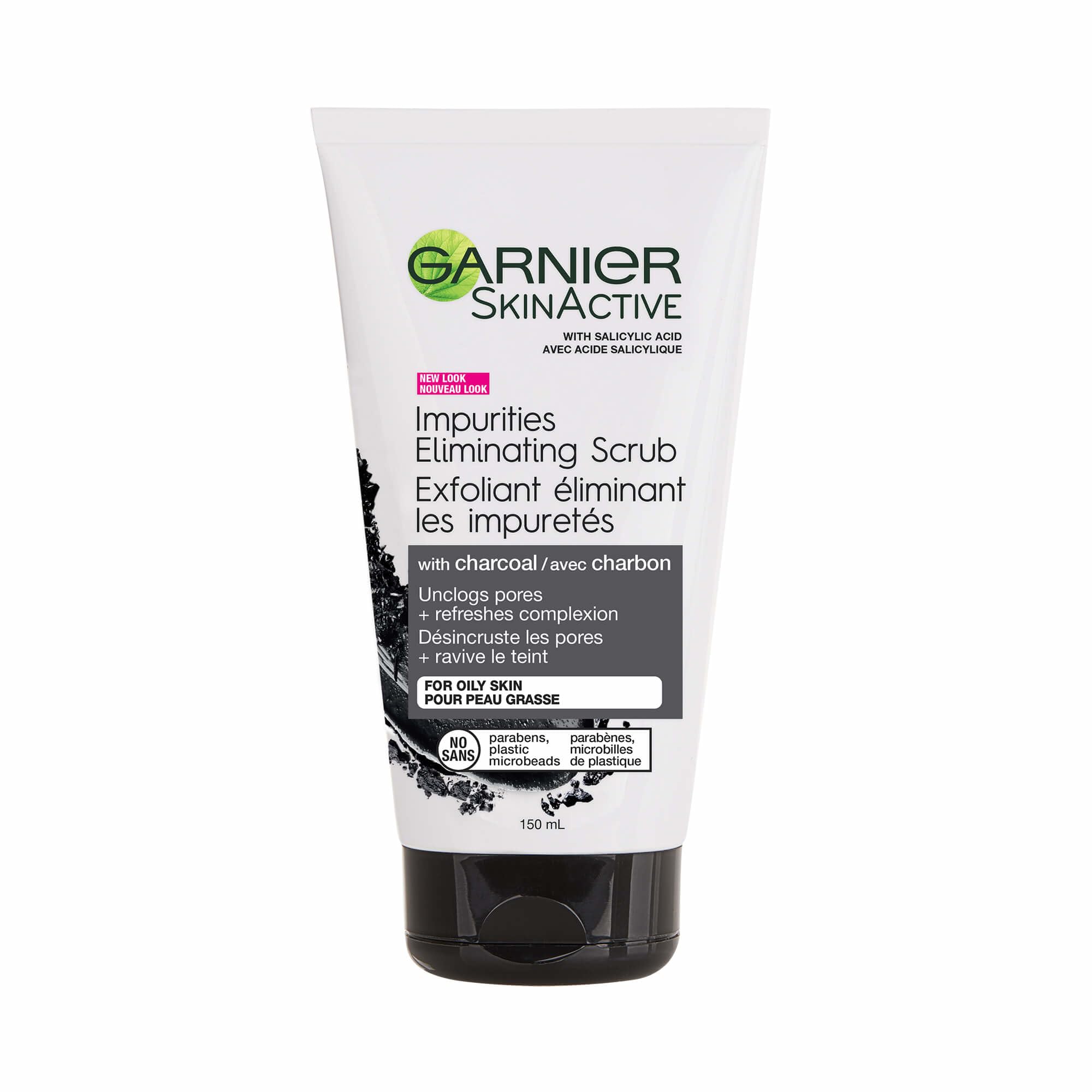 Garnier SkinActive Charbon gommage-visage en bouteille, nettoie en profondeur et resserre les pores.