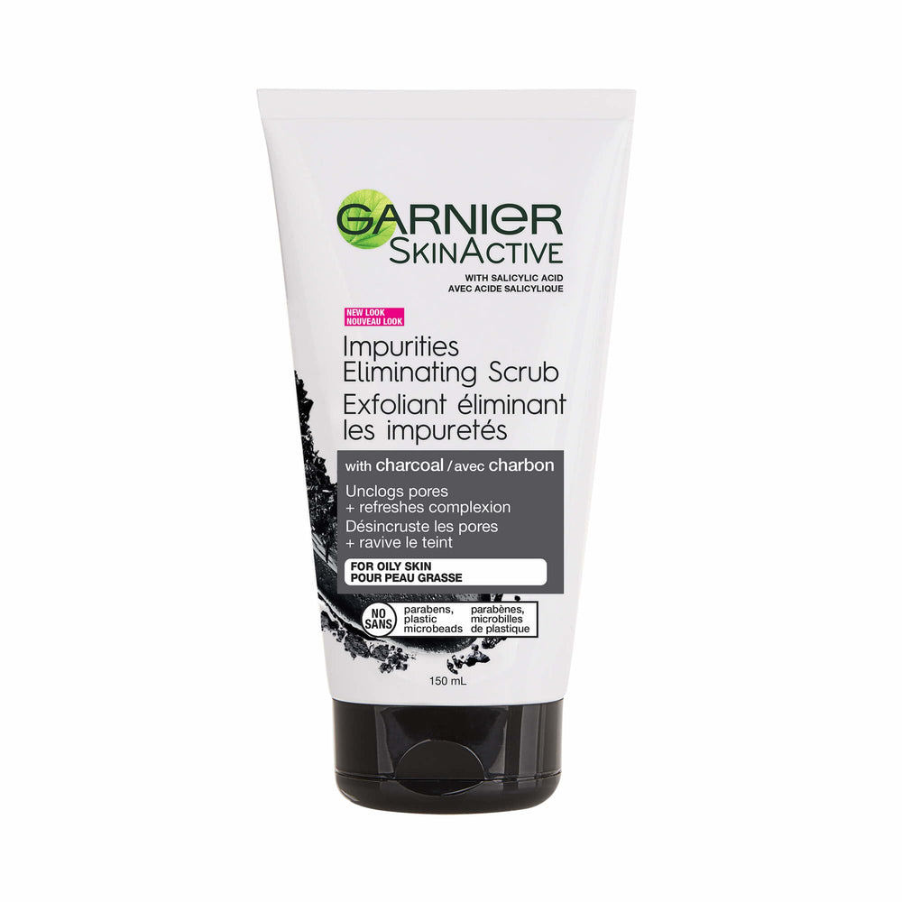 Garnier SkinActive Charbon gommage-visage en bouteille, nettoie en profondeur et resserre les pores.