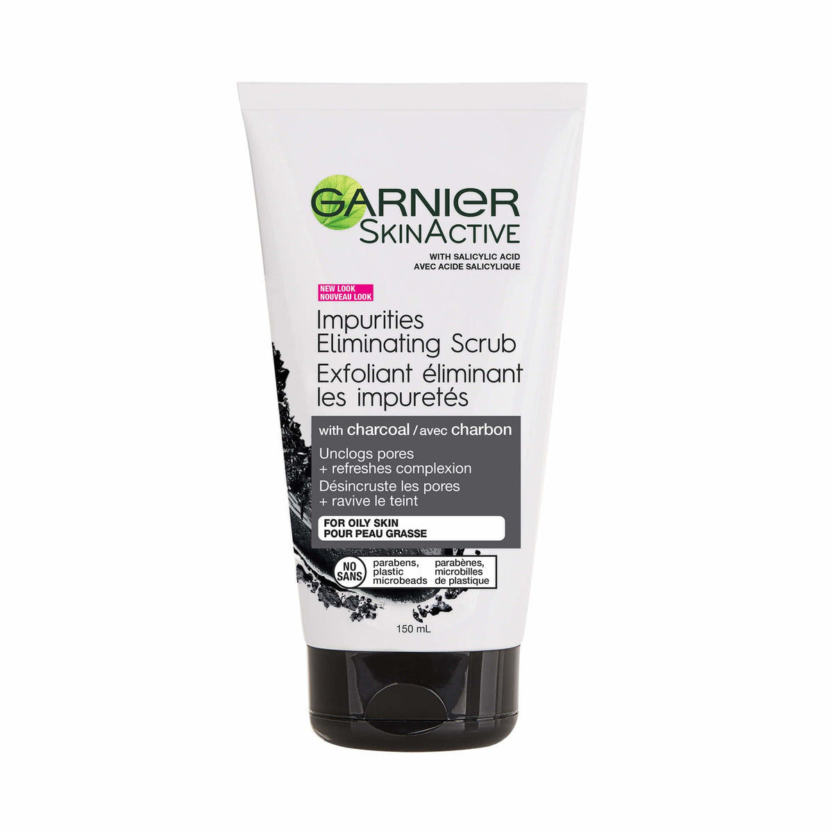 Garnier SkinActive Charbon gommage-visage en bouteille, nettoie en profondeur et resserre les pores.
