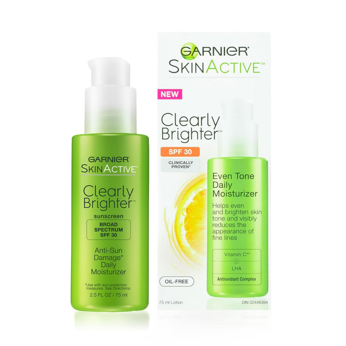 Garnier SkinActive Clearly Brighter SPF30, bouteille visage offrant protection UV et éclat.