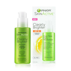 Garnier SkinActive Clearly Brighter SPF30, bouteille visage offrant protection UV et éclat.