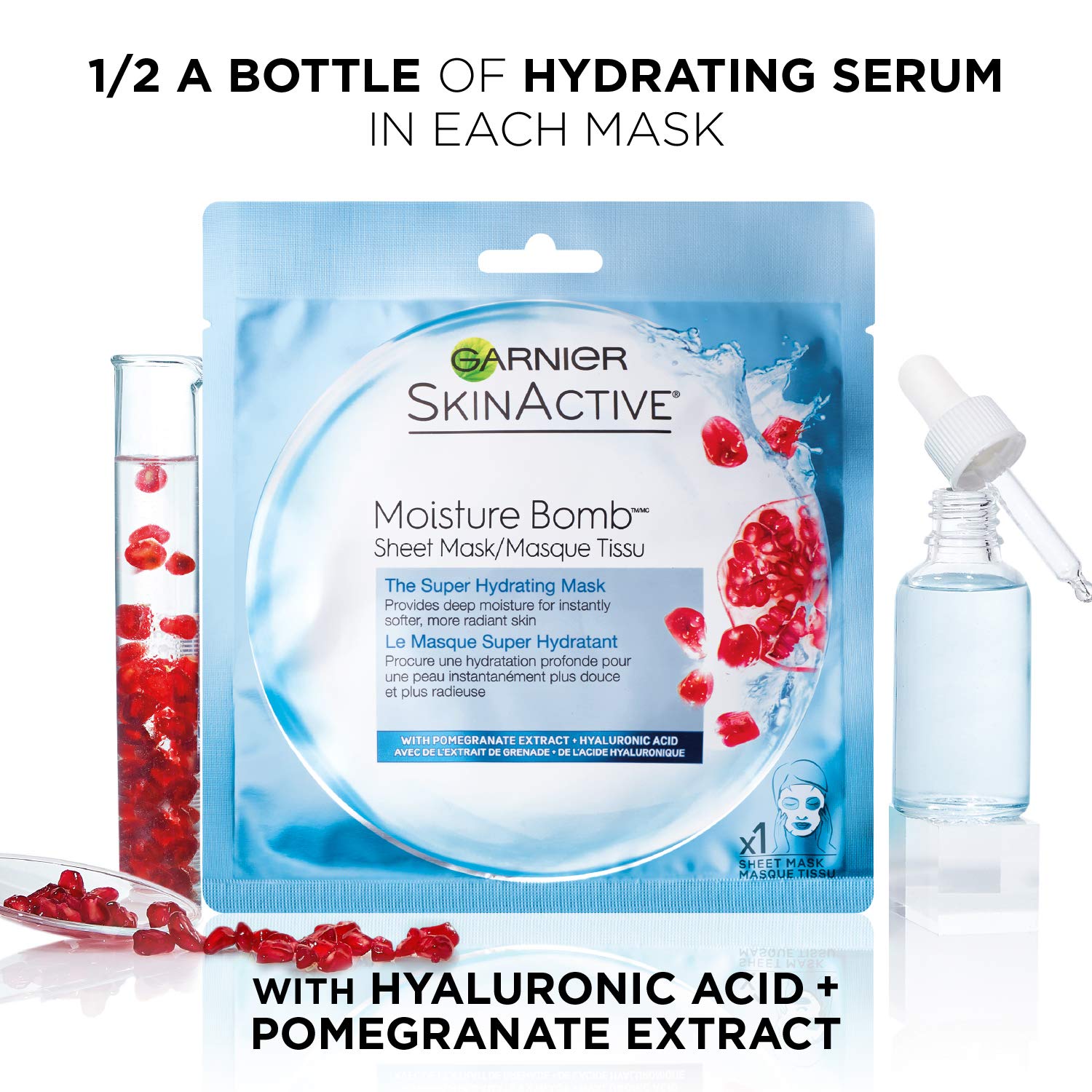 Garnier SkinActive masque feuille hydratant usage 15 minutes pour peau fraîche.
