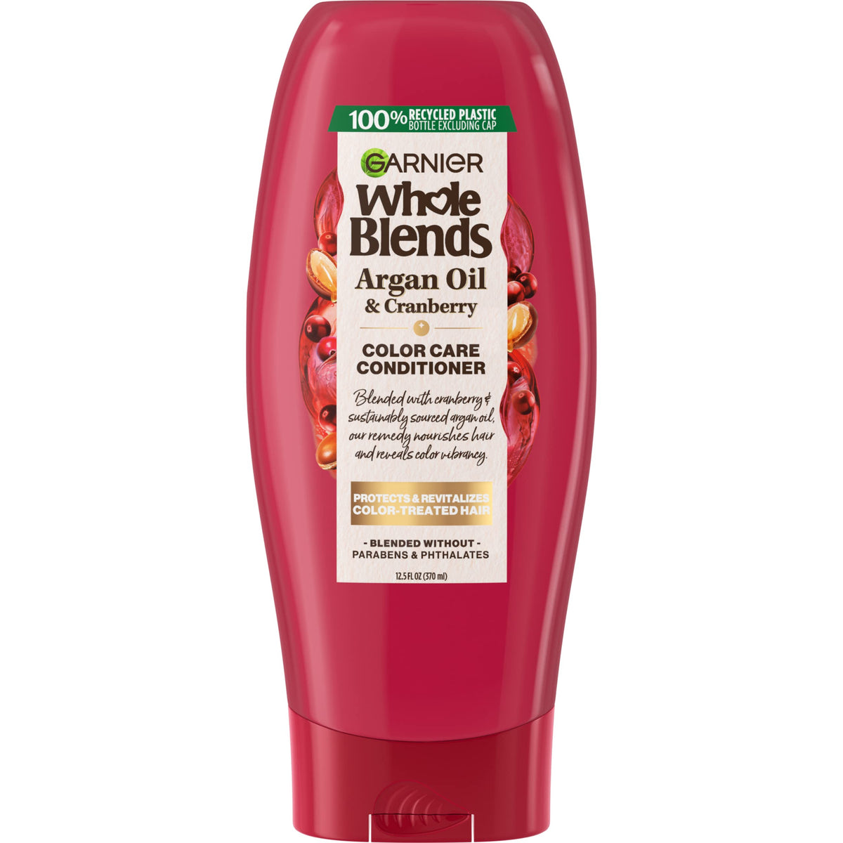 Flacon Garnier Whole Blends Color Care Conditioner avec huile d’argan et canneberge, hydratation et couleur protégée.