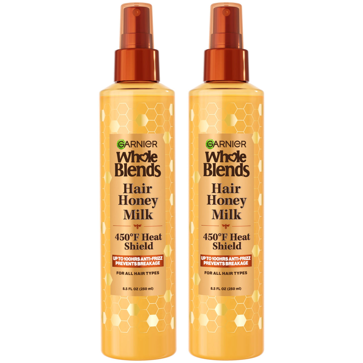 Garnier Whole Blends Hair Honey Milk, protection thermique jusqu’à 450 °F sur les cheveux.