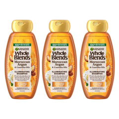 Garnier Whole Blends Argane-Camélia : bouteille illustrant l’éclat des cheveux.