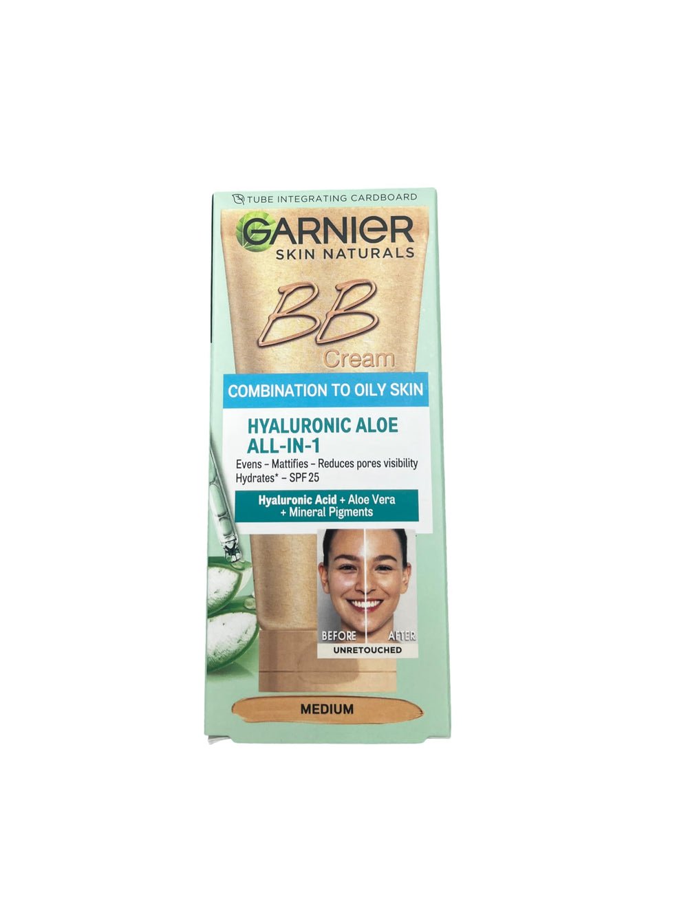 Garnier Skin Naturals BB crème medium, texture légère pour un teint uniformisé et hydraté.