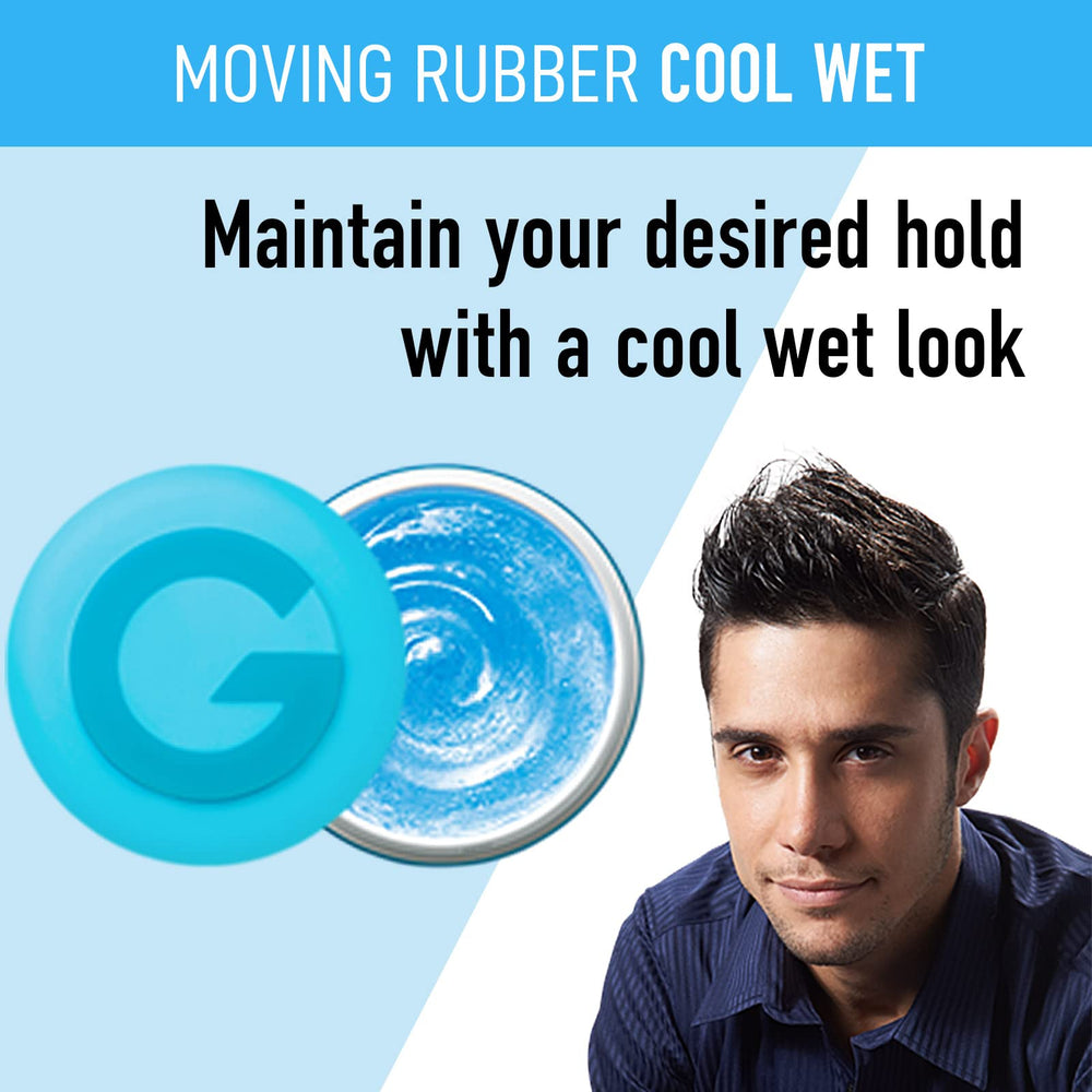 Gatsby Moving Rubber affichant un effet brillant humide sur une coiffure moderne.