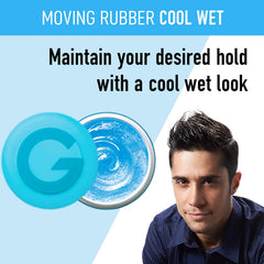 Gatsby Moving Rubber affichant un effet brillant humide sur une coiffure moderne.