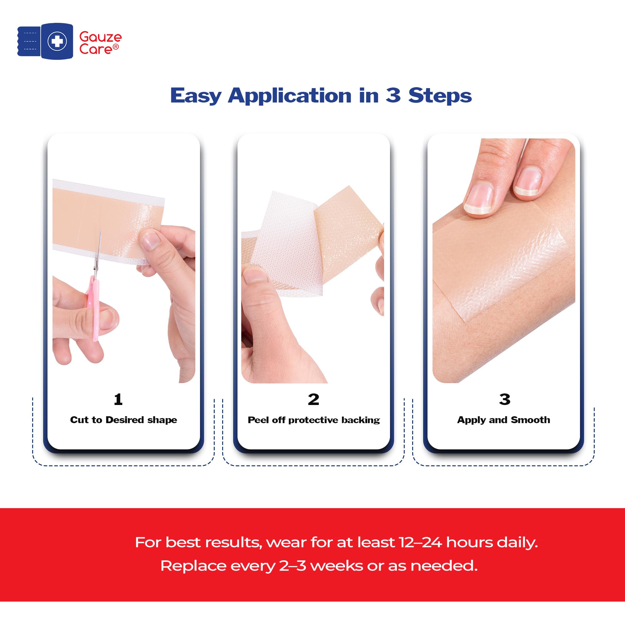 Gauze Care: bande silicone cicatrice, facile à découper et à porter au quotidien.