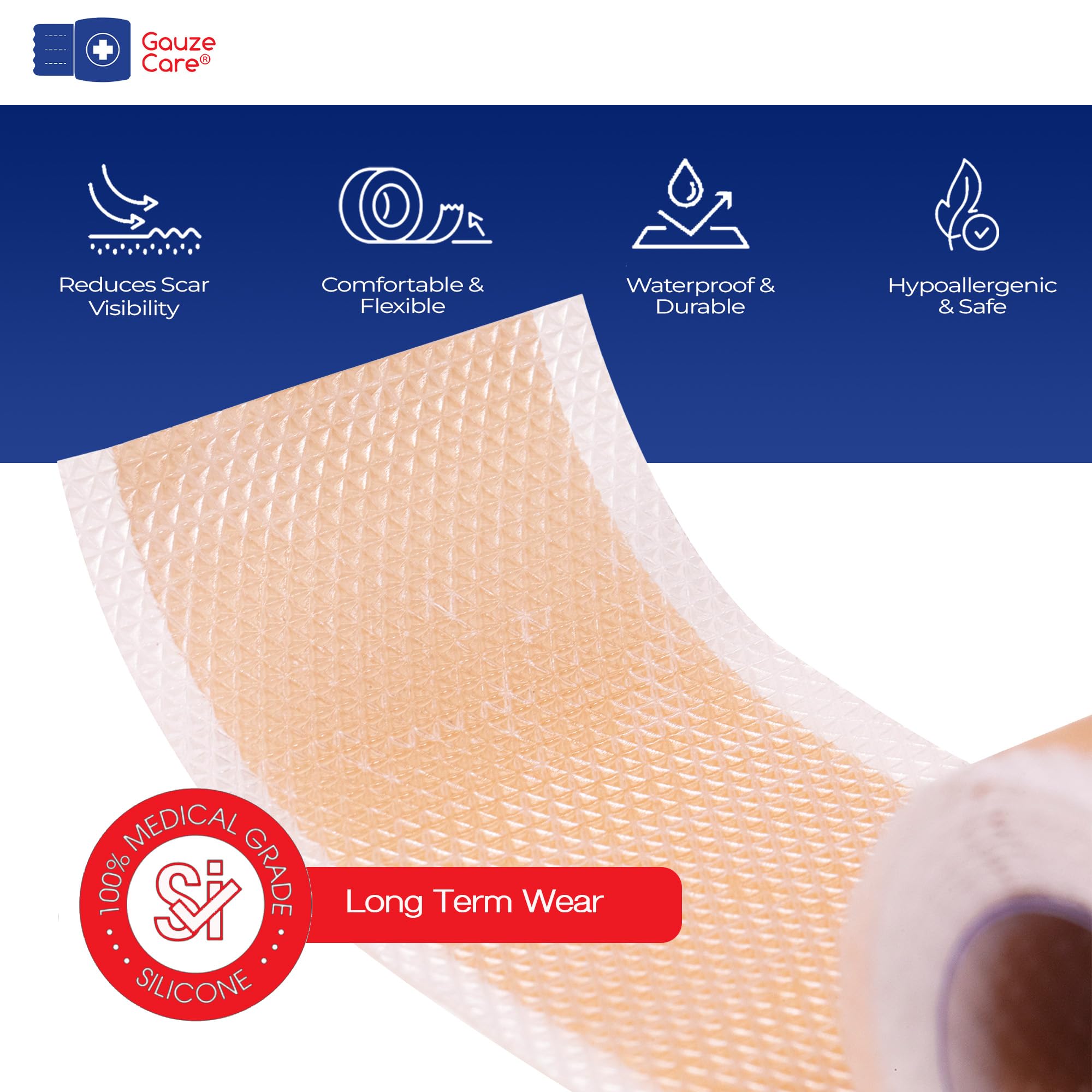 Bande silicone cicatrice Gauze Care résistante à l'eau, utilisable pour douche et activité.