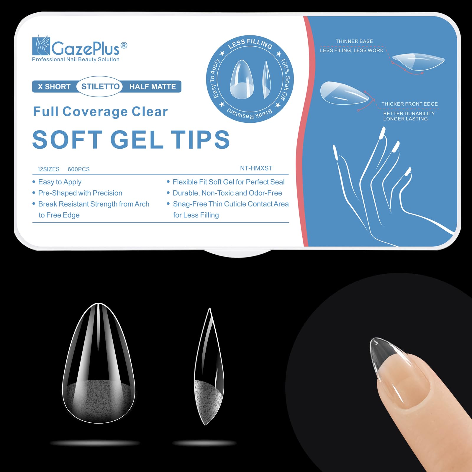 GazePlus pointes stiletto claires, couverture complète et tenue naturelle.