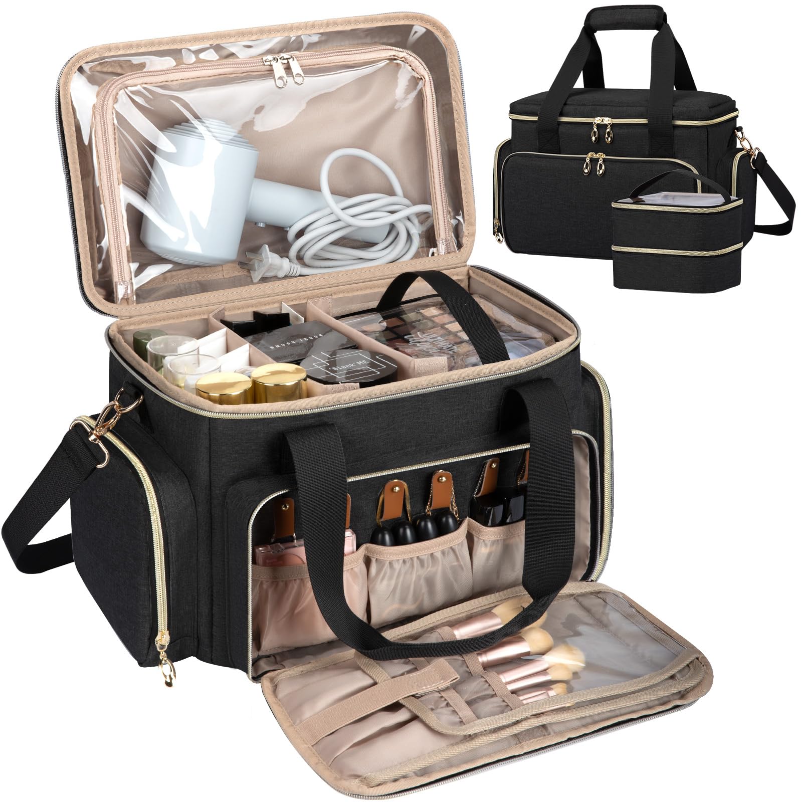 GDNasist grand-sac-maquillage grand compartiment principal pour ranger palettes et flacons lors de voyage