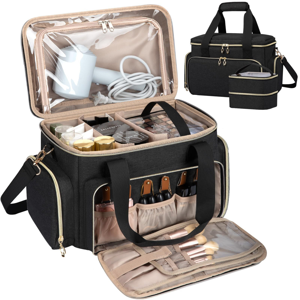 GDNasist grand-sac-maquillage grand compartiment principal pour ranger palettes et flacons lors de voyage