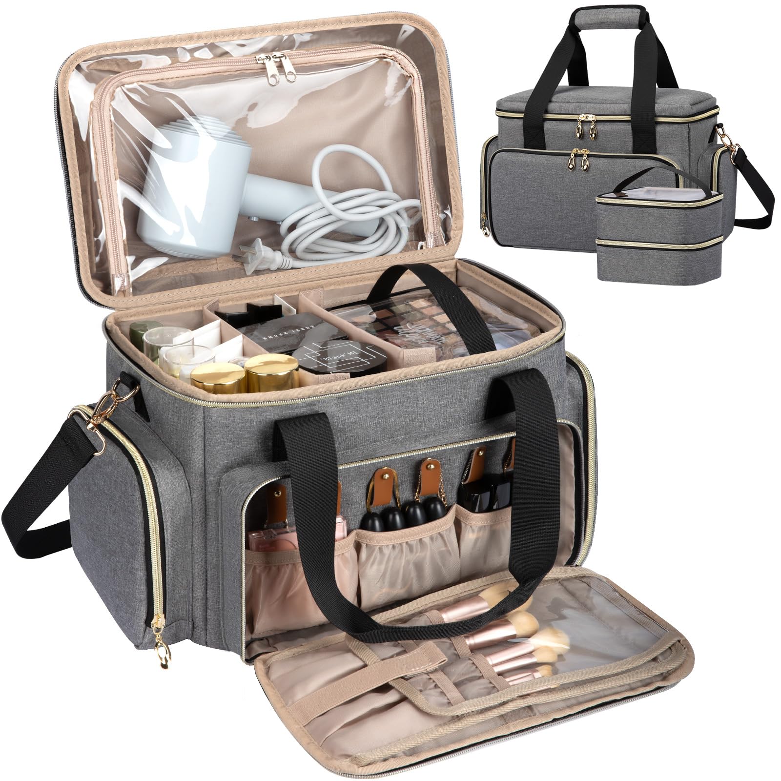 GDNasist sac maquillage voyage gris, grande capacité pour organiser vos cosmétiques