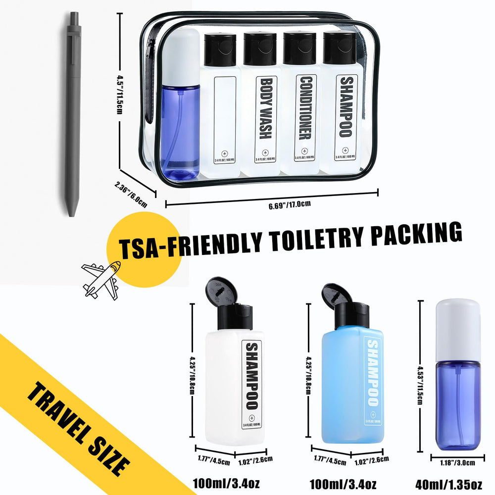 GearTrust bouteilles Après-shampoing voyage, étiquettes visibles pour identification rapide.