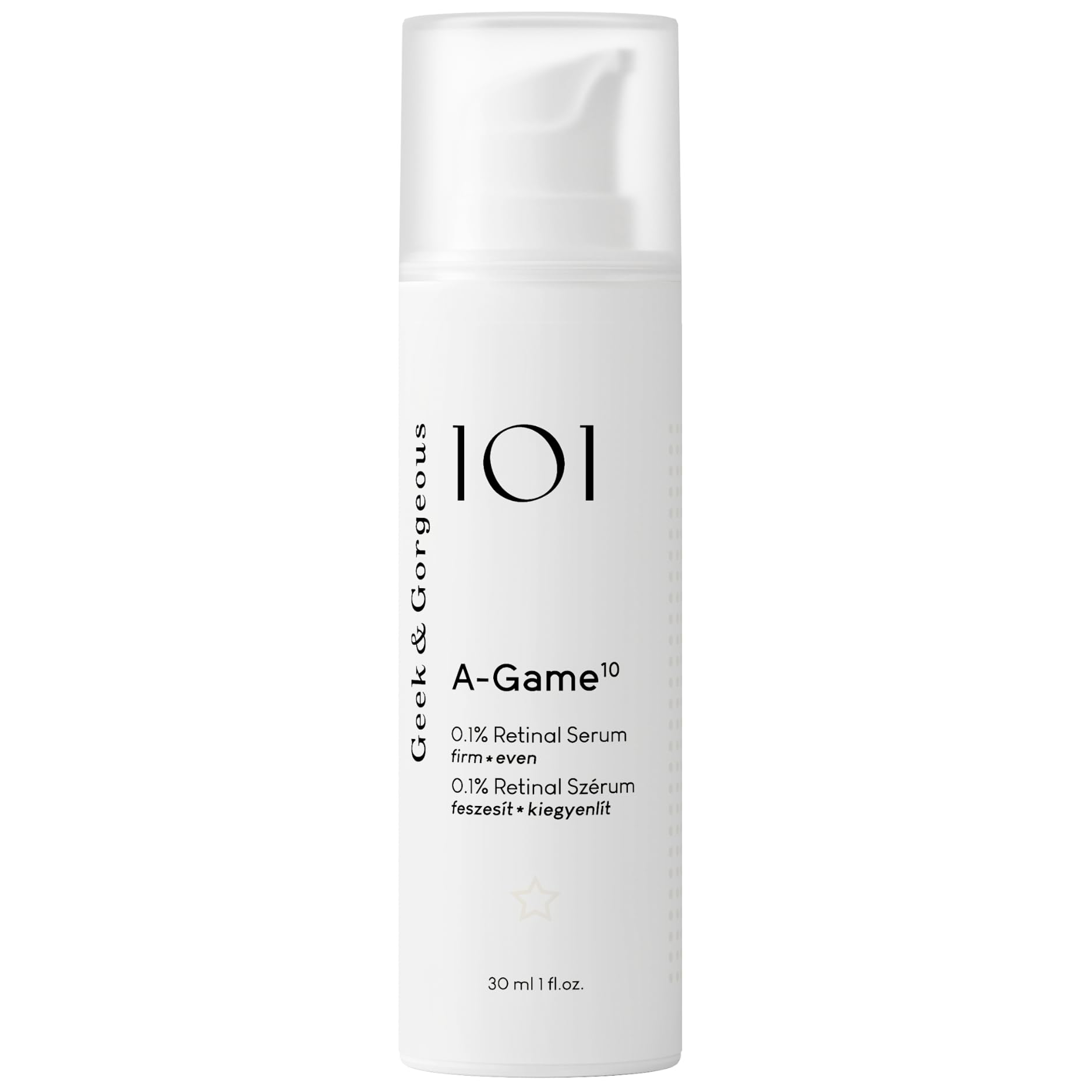 Geek & Gorgeous A-Game Retinal Serum – bouteille, texture soyeuse prête à l'application.