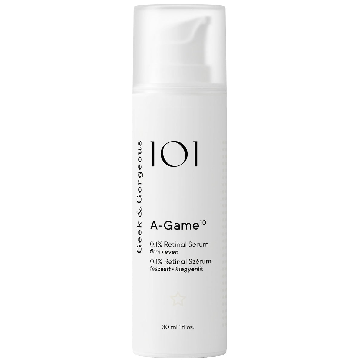 Geek & Gorgeous A-Game Retinal Serum – bouteille, texture soyeuse prête à l'application.