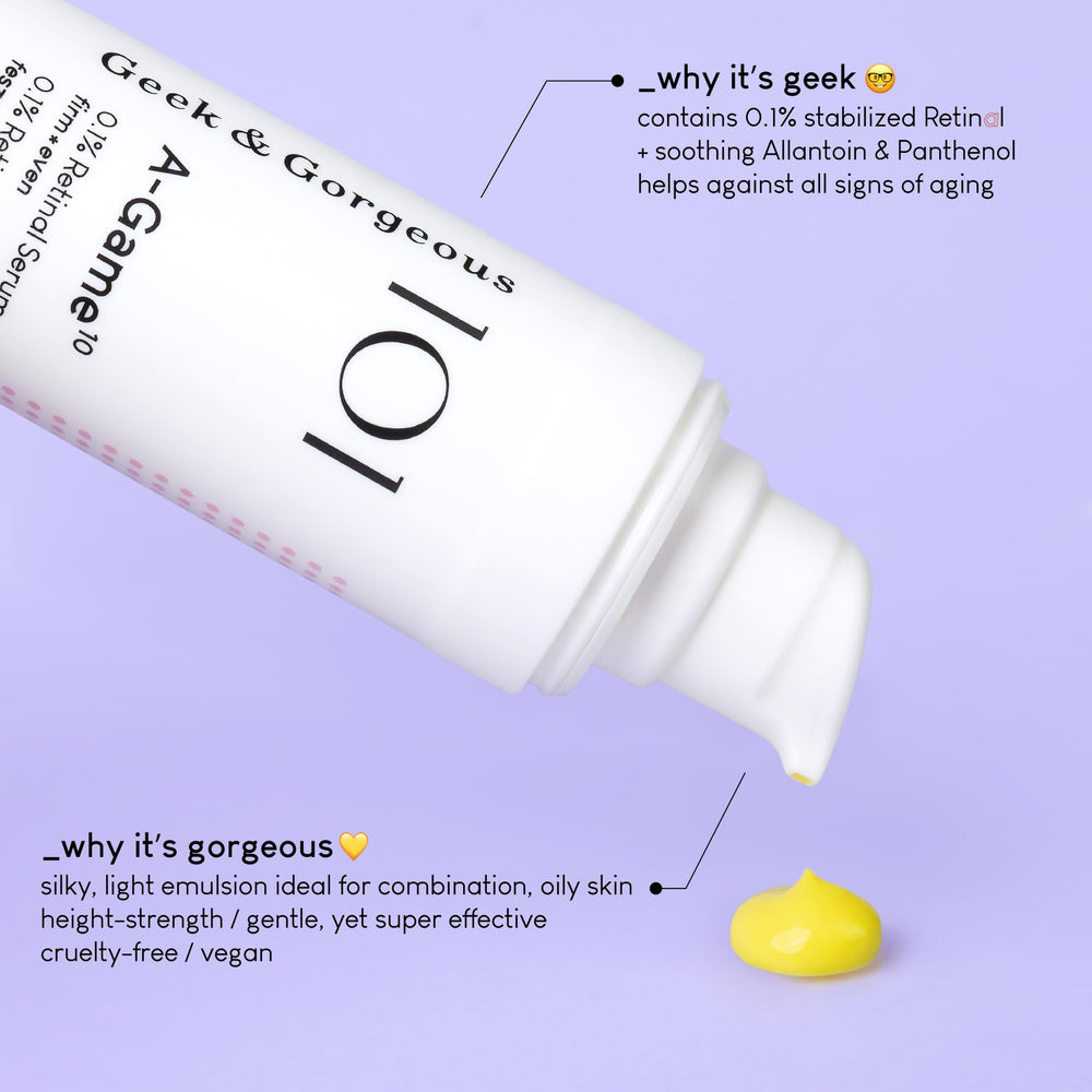 Geek & Gorgeous A-Game Retinal Serum – ingrédients apaisants allantoin et panthenol.