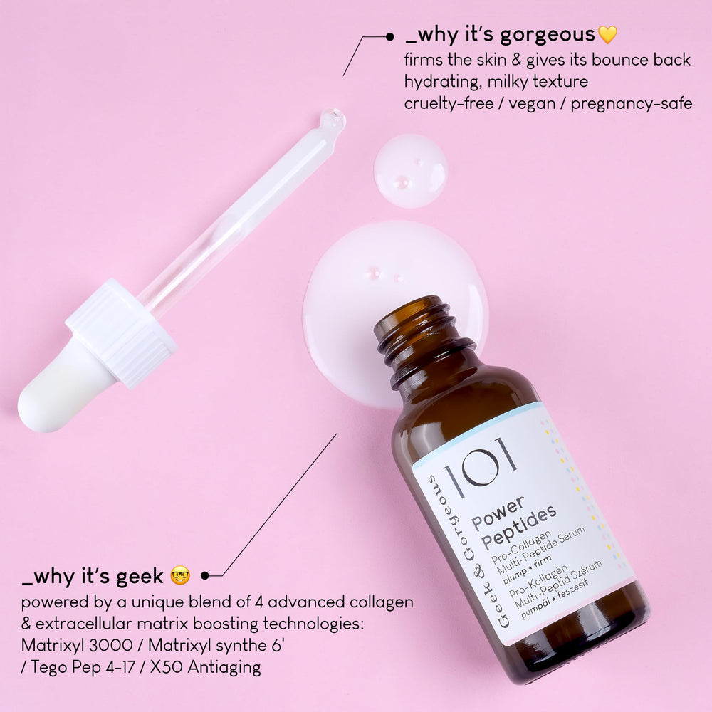Ingrédients peptides Geek & Gorgeous, soutien potentiel à l’élasticité.