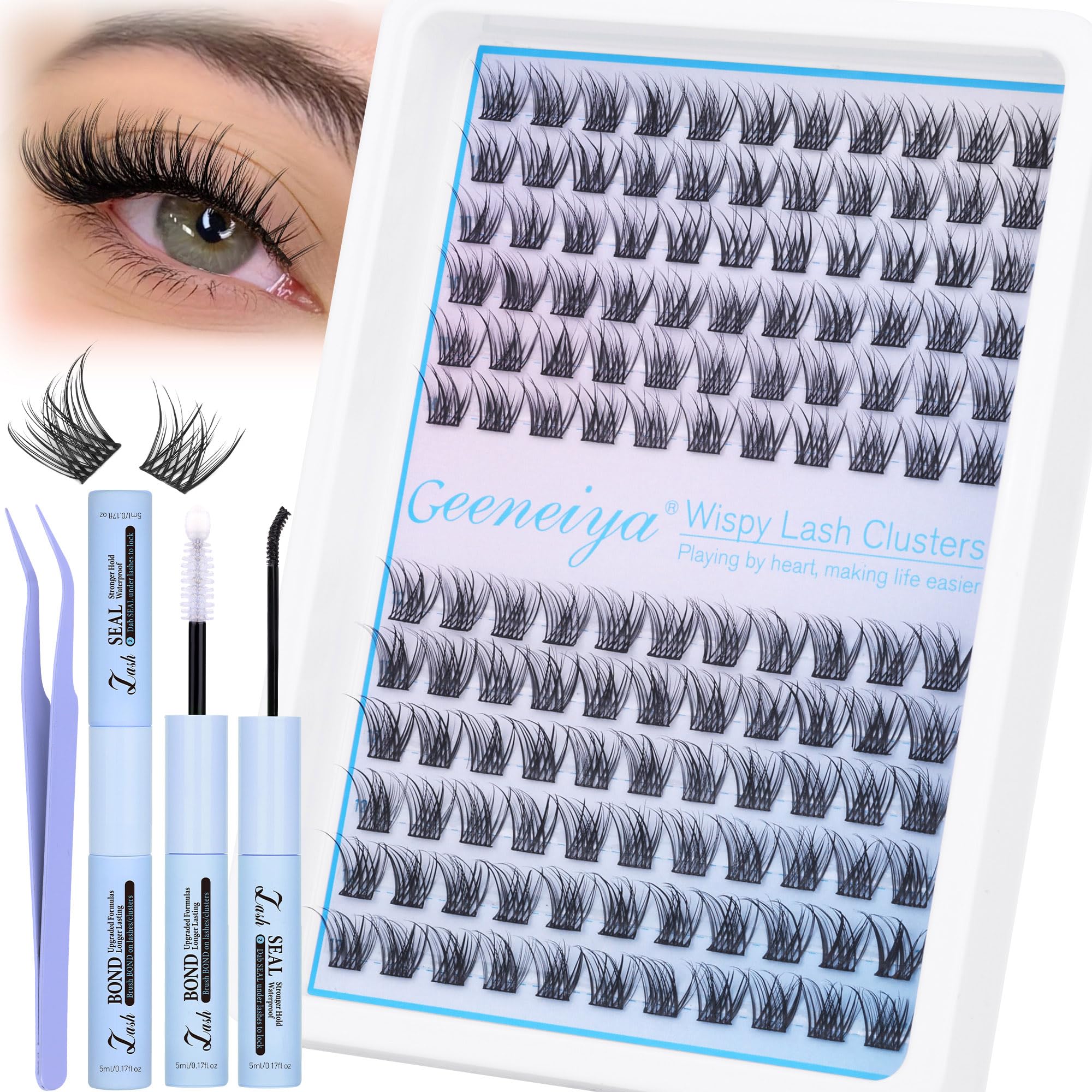 Geeneiya cils clusters effet plume 10-12mm pour un look naturel.