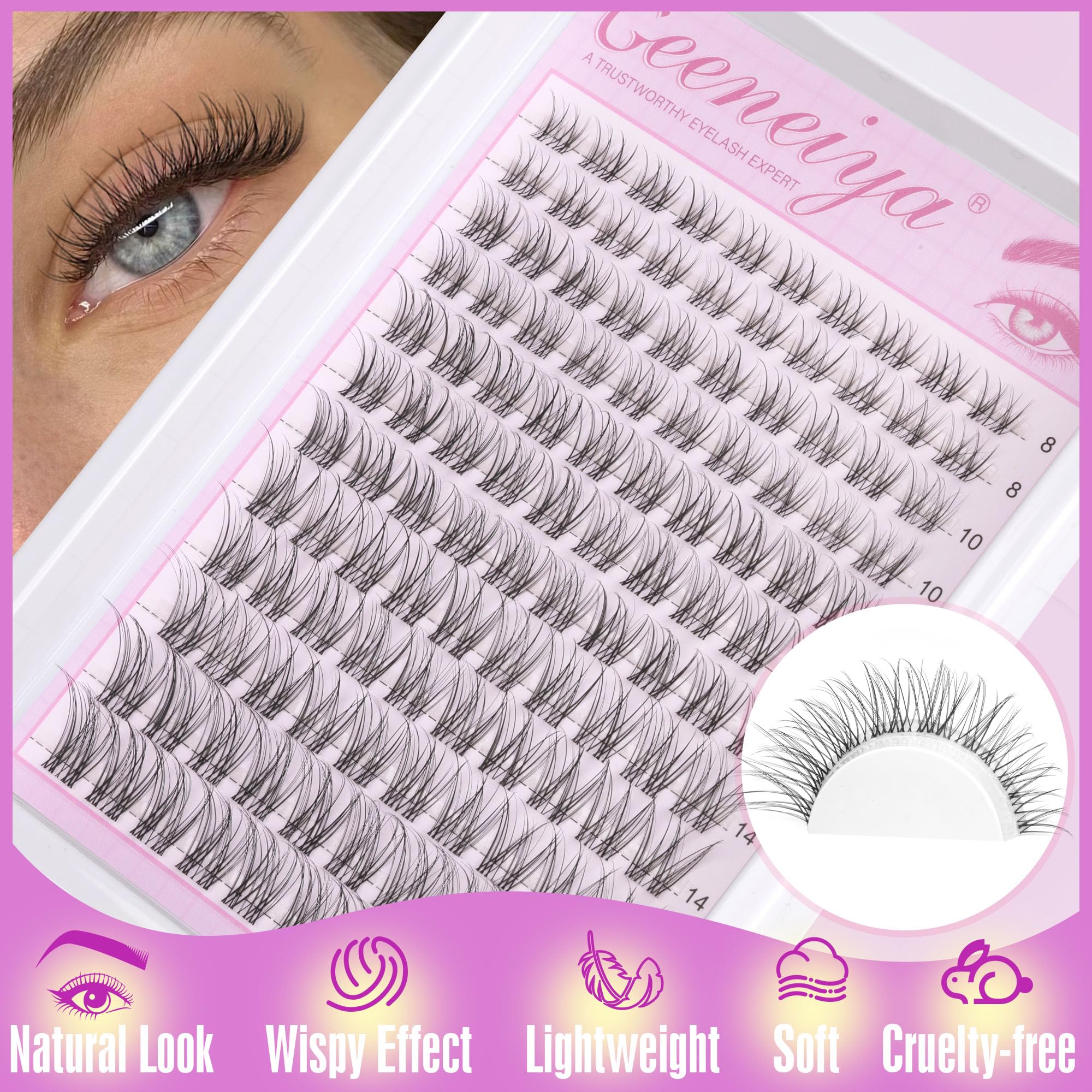 Geeneiya extensions cils 8-16 mm pour un look wispy varié.