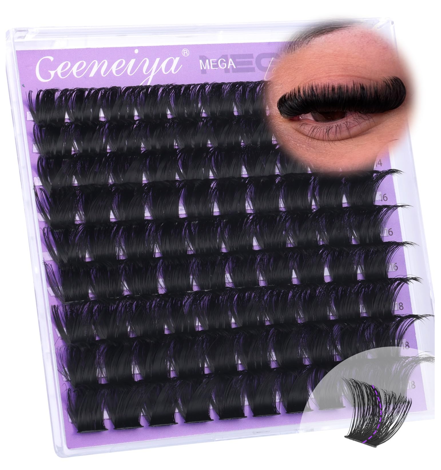 Geeneiya Mega Lash Clusters avec bande plus large pour volume immédiat et durable.
