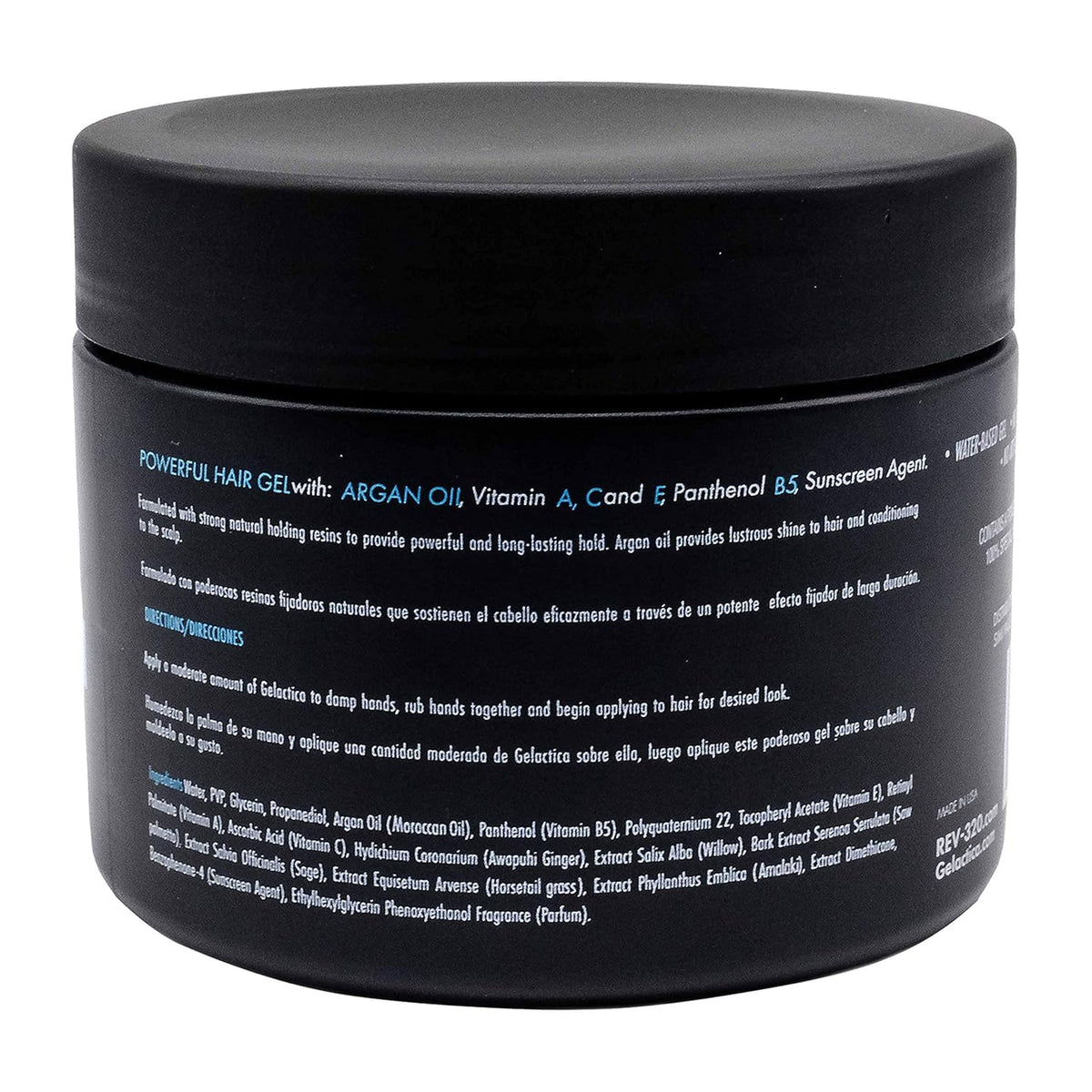 Gelactica Rev320 hair gel bottle showing alcohol-free formula for daily styling