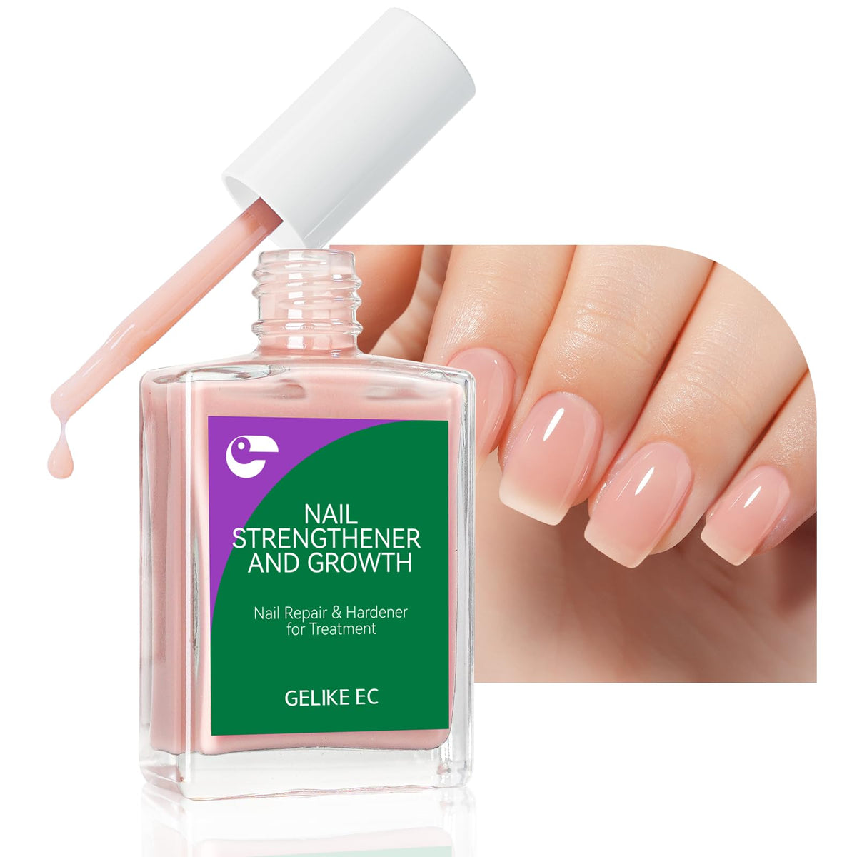 Vernis-renforçateur Gelike ec Nude Rosé, flacon prêt pour ongles fragiles.