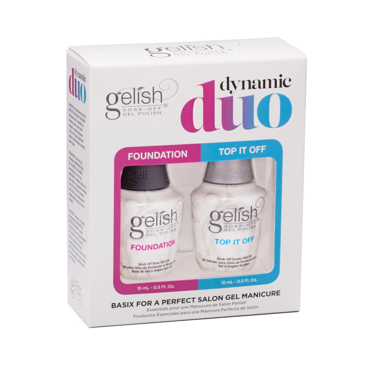 Gelish Dynamic Duo : bouteilles Base et Top It Off pour une manucure durable à domicile.