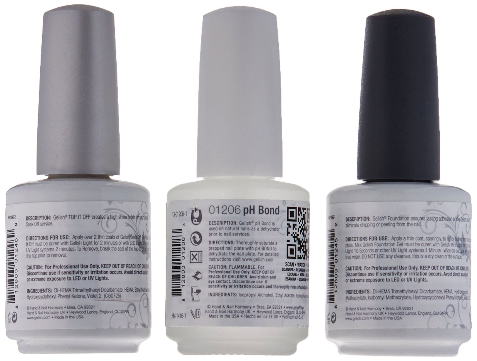 Gelish Terrific Trio : base gel Foundation et Top It Off pour une adhérence durable et brillance.