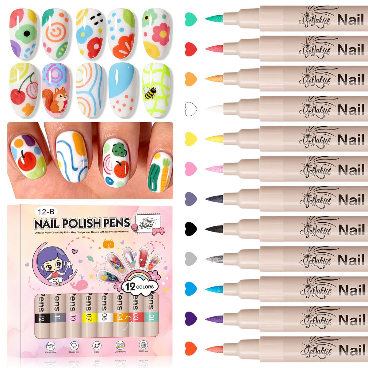 GELLAKTIK ensemble de 12 couleurs pour art des ongles à domicile.