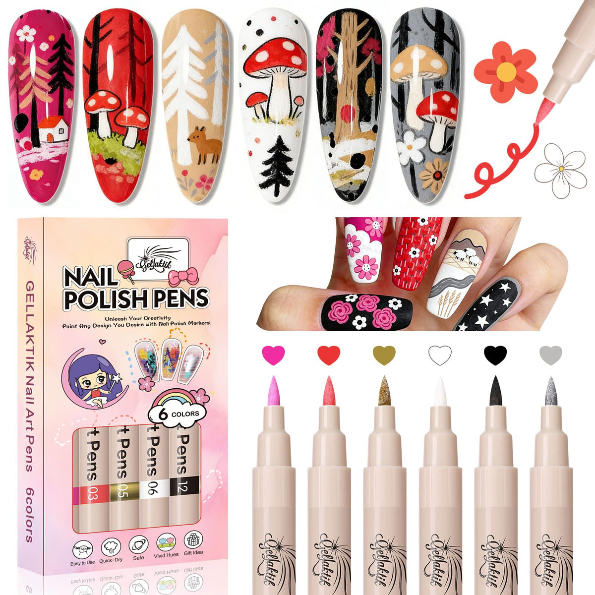 GELLAKTIK ensemble de stylos nail art 6 couleurs pour dessins variés et durables.
