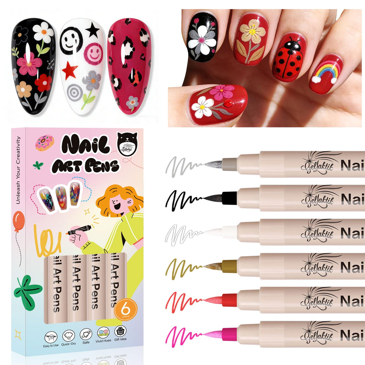 Gellaktik ensemble-stylo-ongles-6-couleurs: précision et variété pour motifs nets.