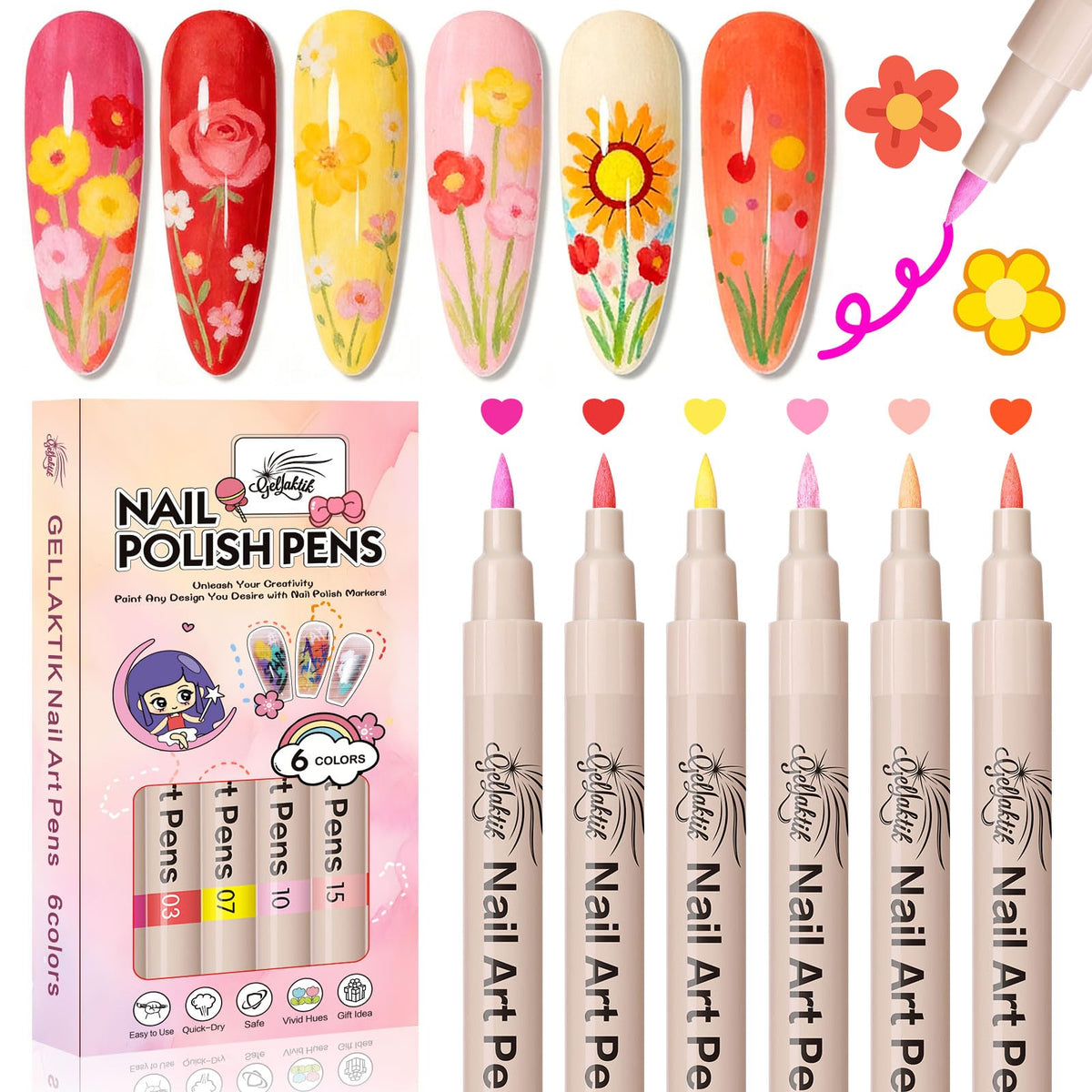 Stylo vernis art GELLAKTIK – ensemble coloré, détails précis pour motifs personnalisés.