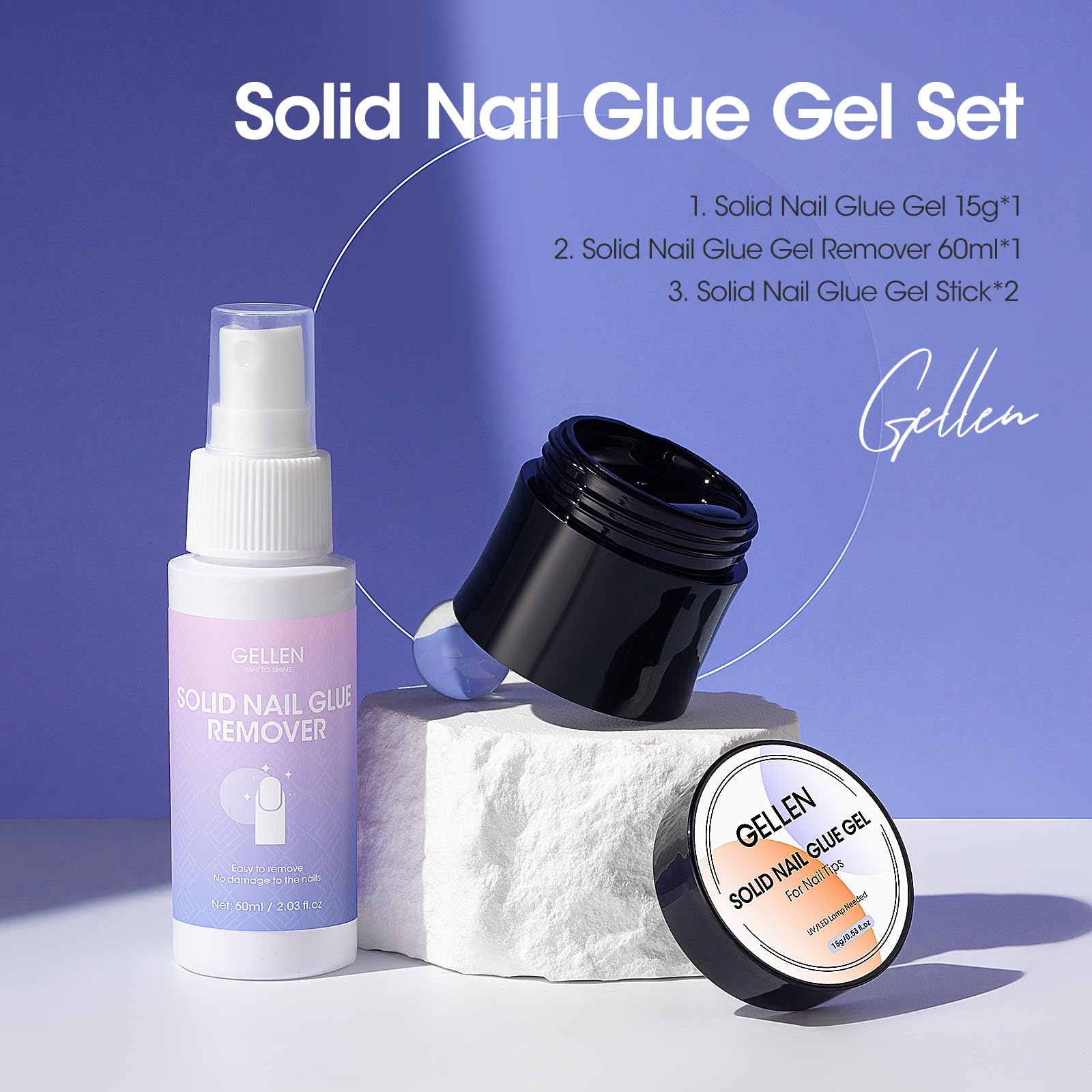GELLEN dissolvant-colle-ongles-solide sans acétone, retrait sûr et pratique.