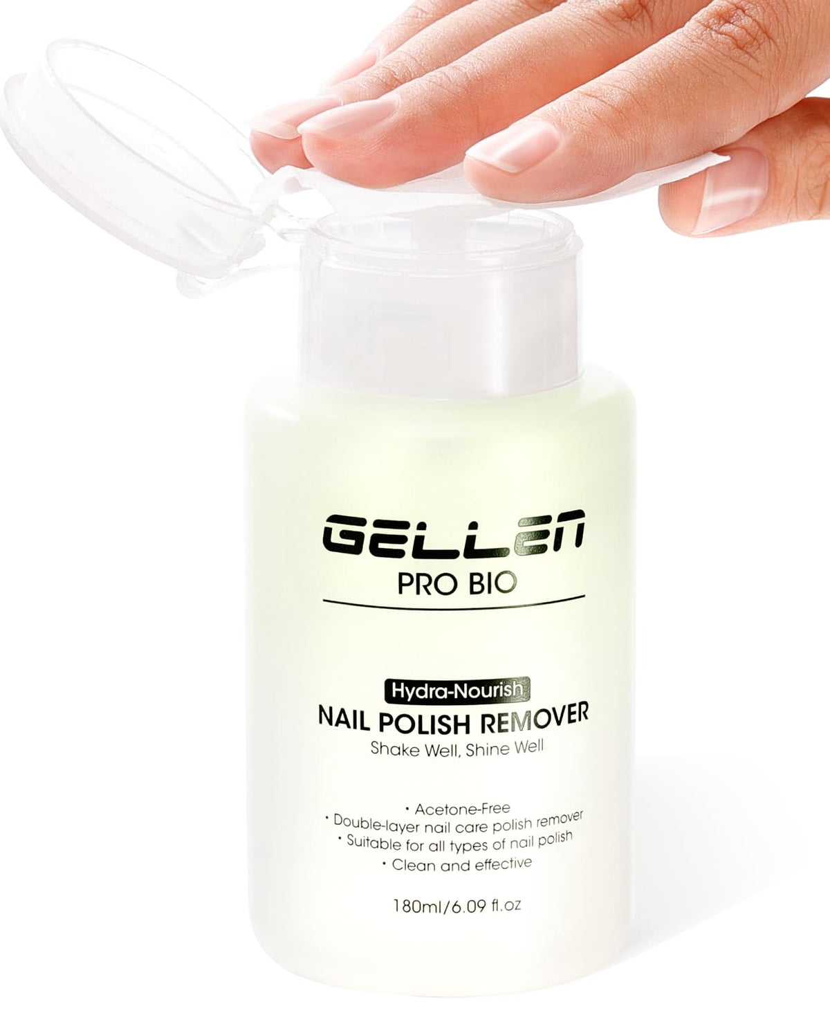 GELLEN dissolvant-vernis bouteille-pompe : pratique et efficace.