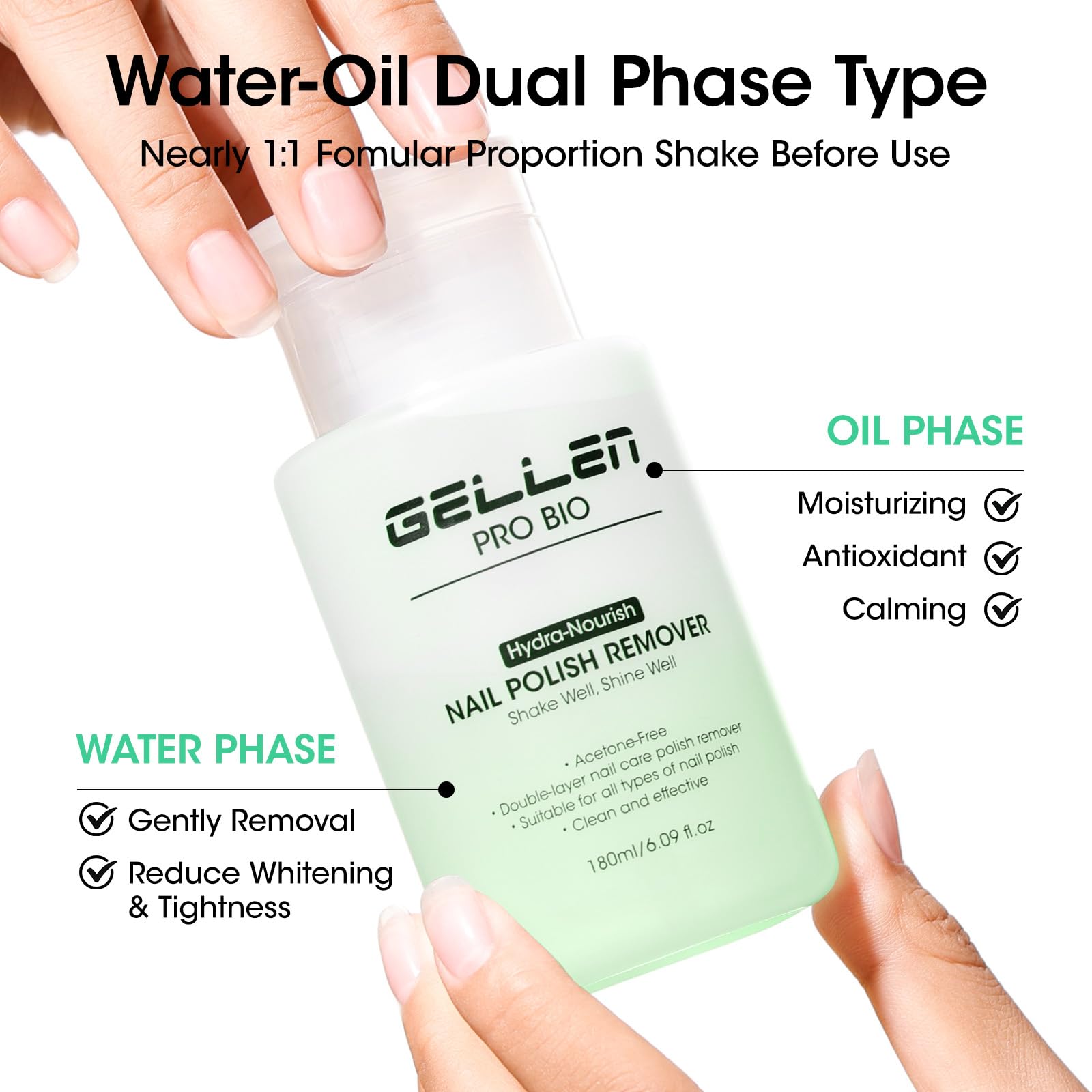 GELLEN formule duale eau-huile, retire le vernis tout en hydratant.