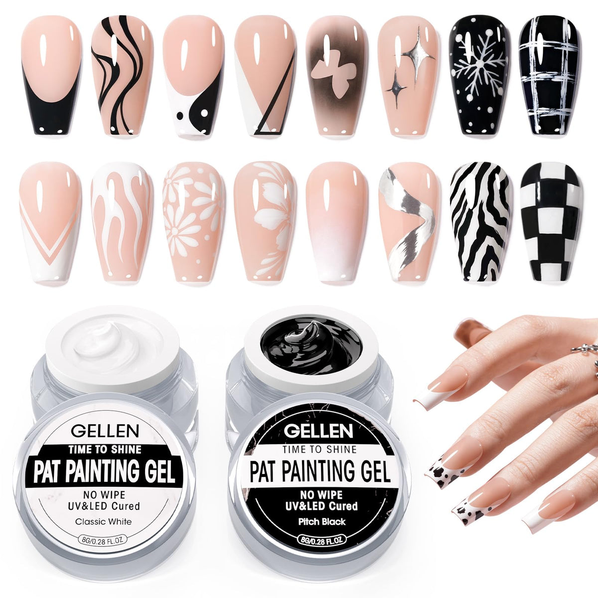 GELLEN peinture ongles noir et blanc pour motifs précis et rapides