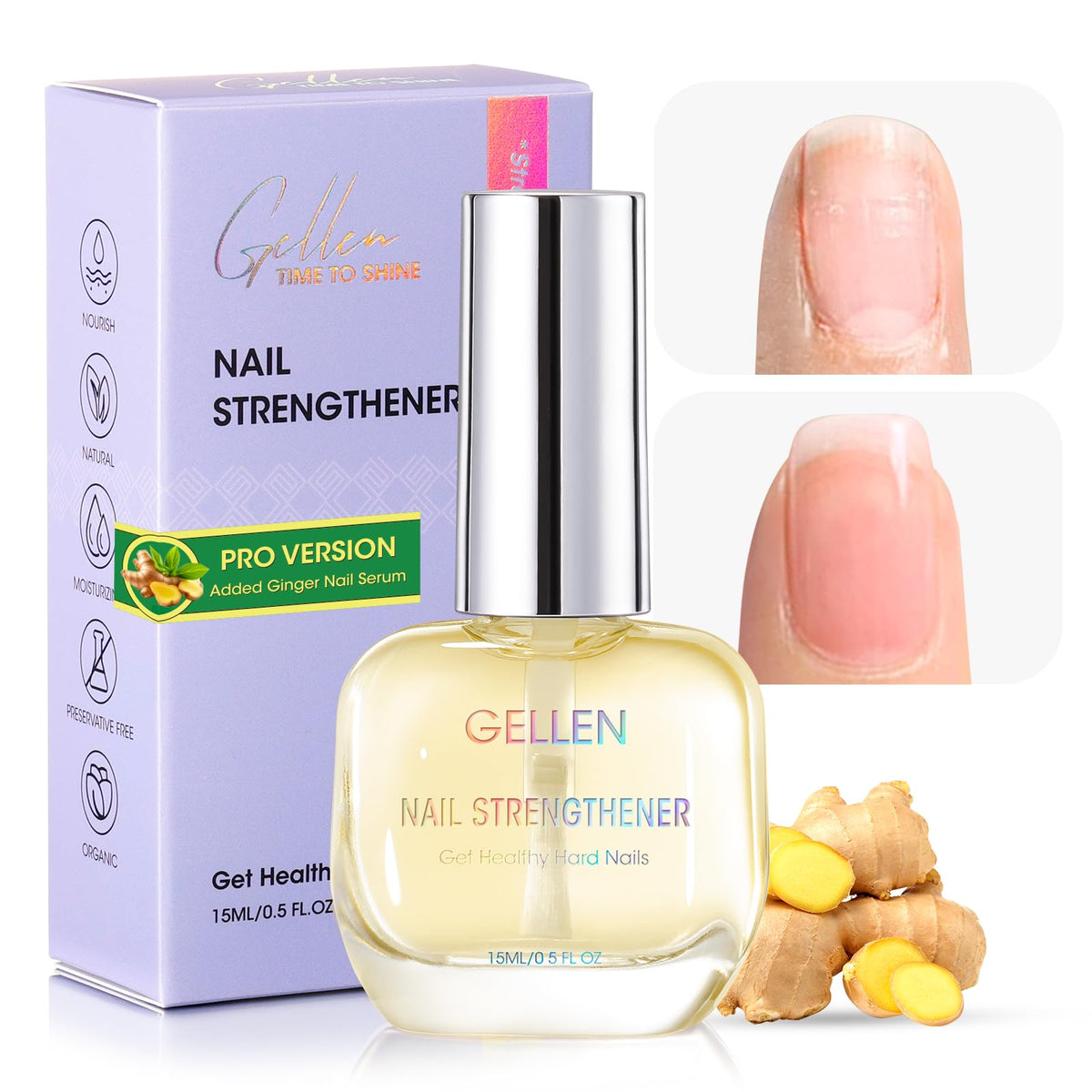 GELLEN Pro Care renforceur-ongles gingembre, bouteille pratique pour usage quotidien.