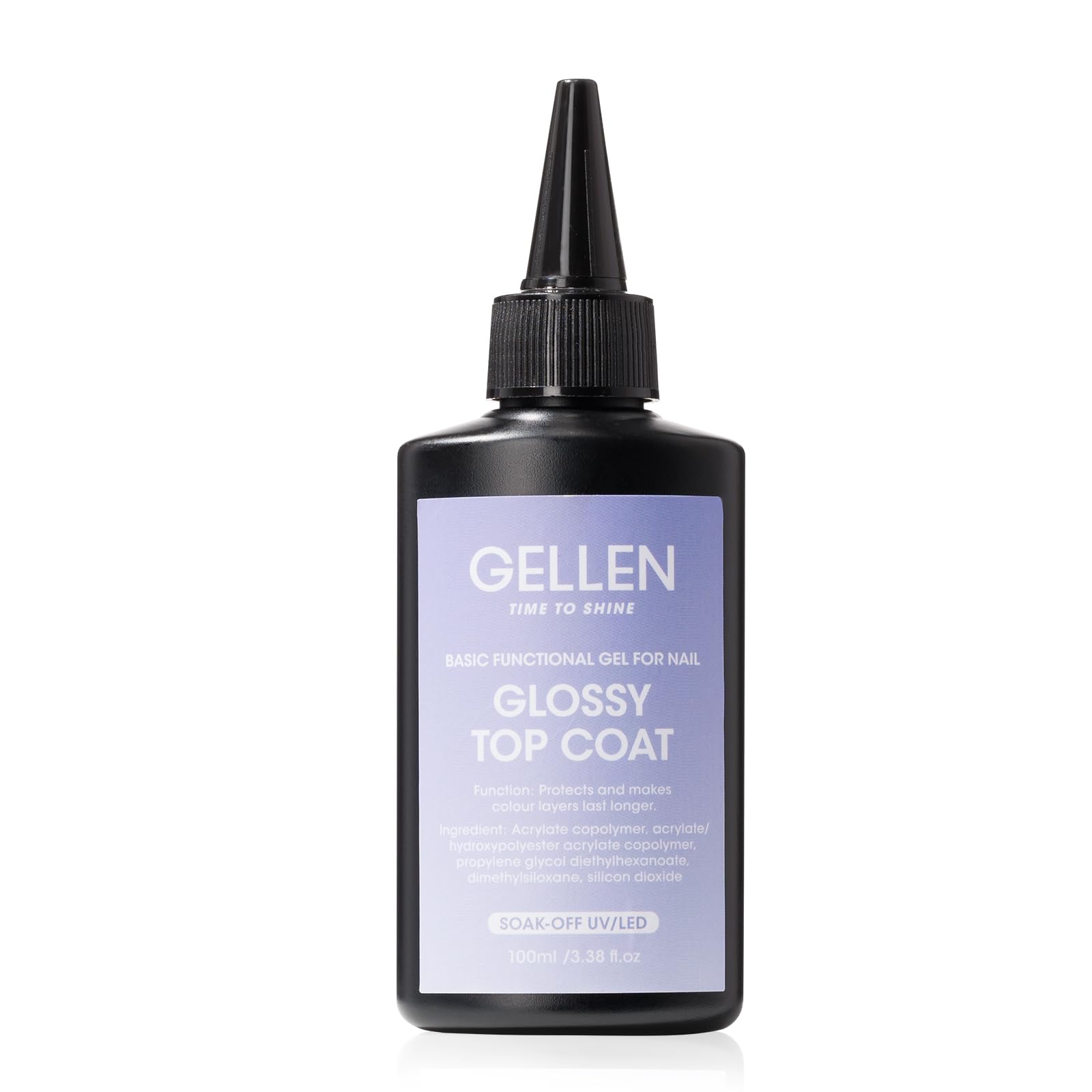 Gellen Top Coat 100ml – vue bouteille, finition lisse et longue tenue pour ongles.