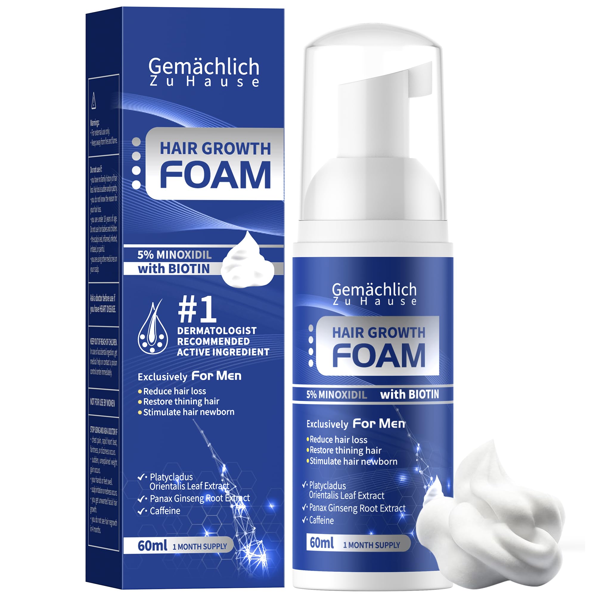 Mousse Minoxidil Gemächlich Zu Hause, pompe pratique pour cuir chevelu et cheveux.