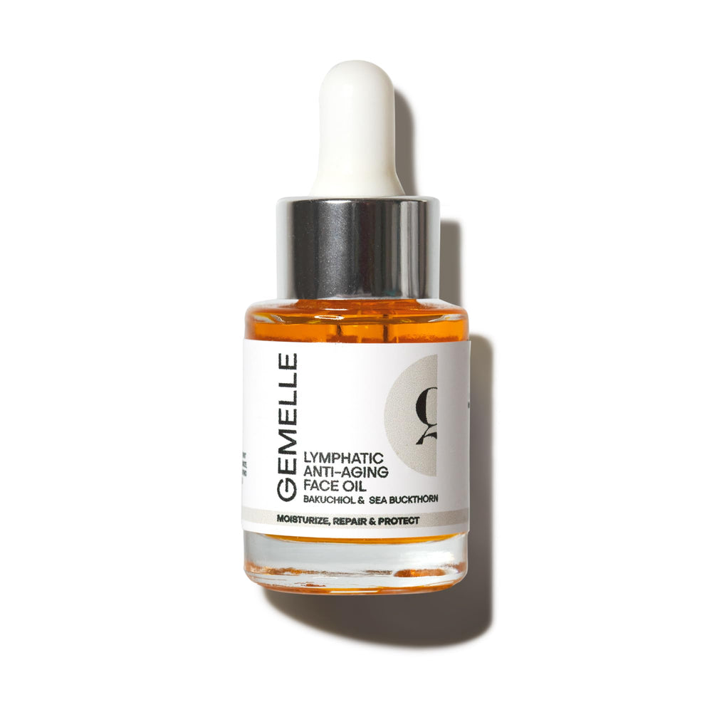 GEMELLE huile visage lymphatique anti-âge — bouteille 15ml prête pour le rituel quotidien.
