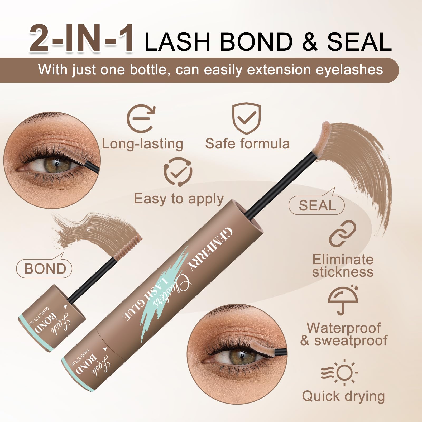 GEMERRY Colle Cils en Grappe brun -- design duo 2-en-1 pour application simple.