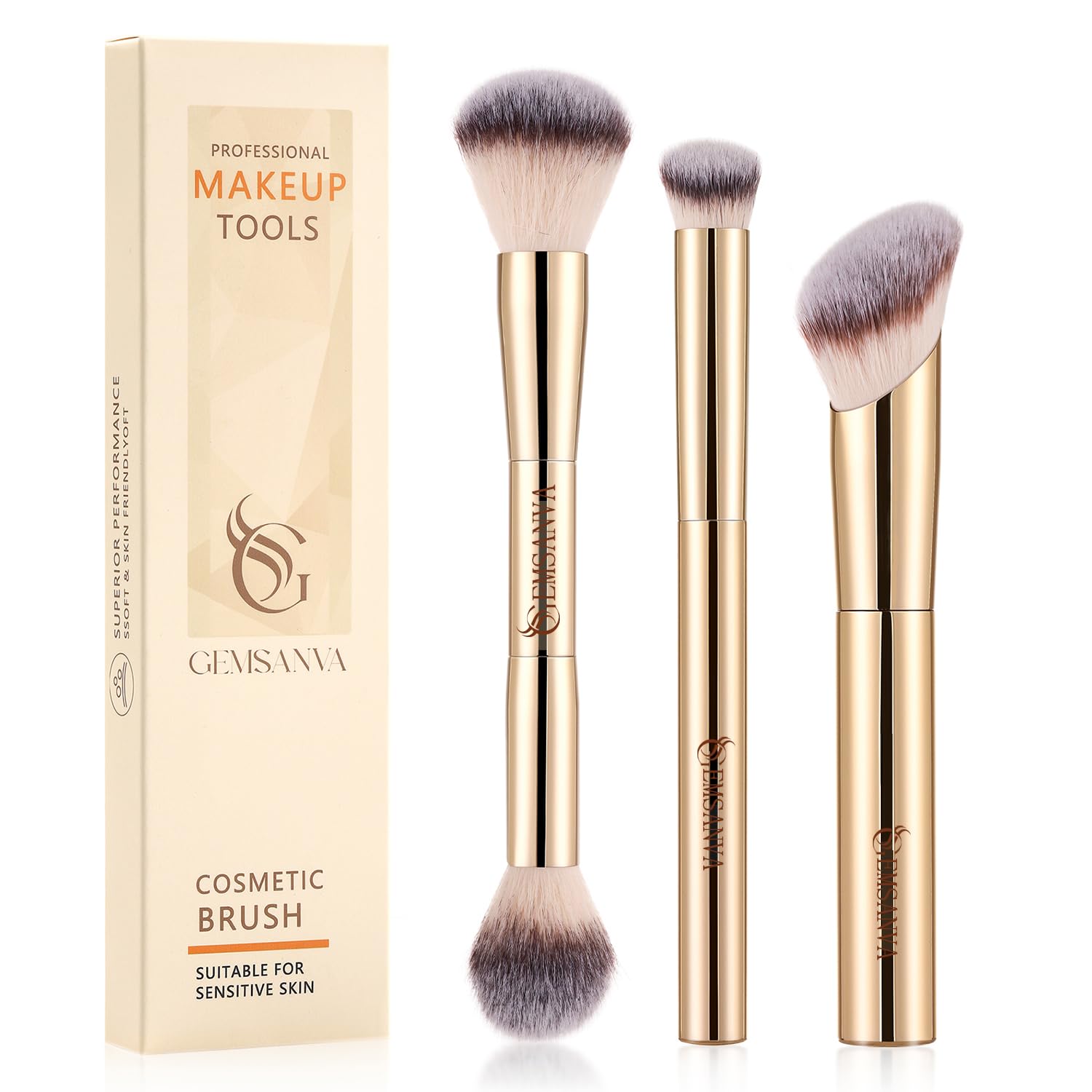 Gemsanva ensemble pinceaux maquillage trois pièces, finition uniforme sur tout le visage.