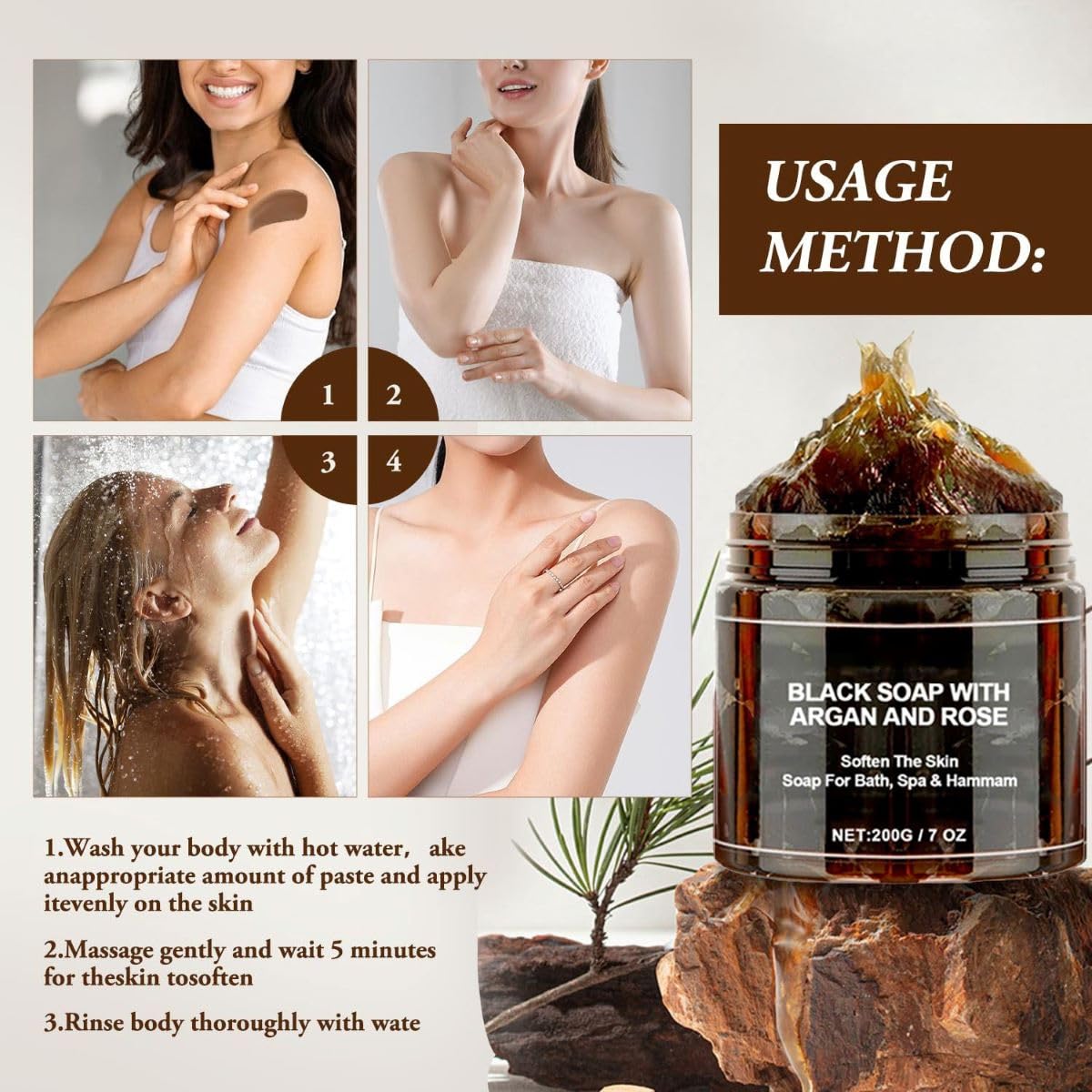 Generic savon noir marocain argan rose, peau hydratée et satinée après utilisation.