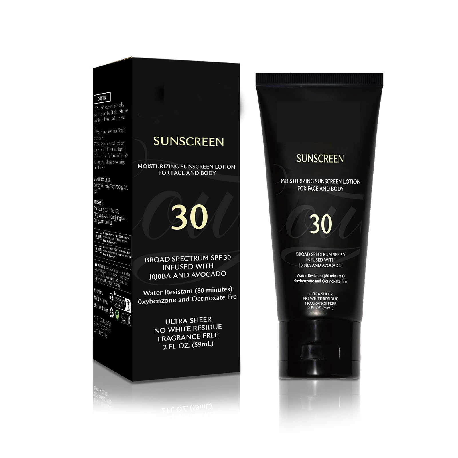 Crème solaire générique pour peau noire – bouteille SPF 30, protection UV nette et discrète.